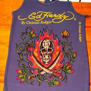 Rare Unique Ed Hardy 13 Skull and Swords Sequins Tank Top !